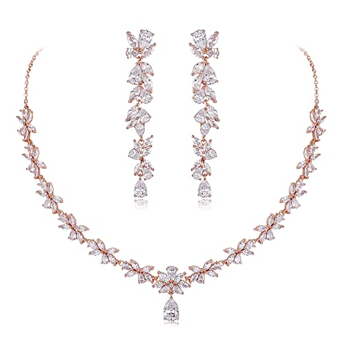 Crysdue Women's Wedding Bridal Jewelry Set for Brides Bridesmaids Cubic Zirconia Flower Leaf Vine Necklace Dangle Earrings for Prom Party - style: 14-rose gold