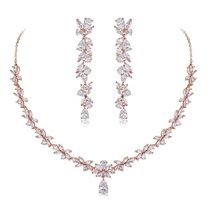 Crysdue Women's Wedding Bridal Jewelry Set for Brides Bridesmaids Cubic Zirconia Flower Leaf Vine Necklace Dangle Earrings for Prom Party - style: 14-rose gold