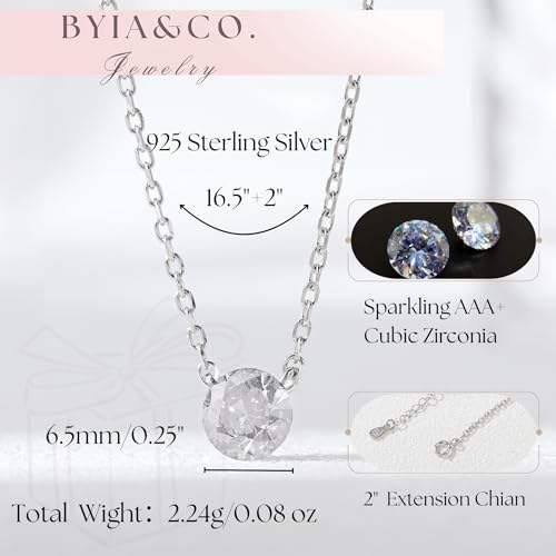 925 Sterling Silver Necklace for Women 6.5mm Round Cubic Zirconia Necklace Solitaire Pendant Adjustable 16-18 Inch Silver Chain Dainty CZ Jewelry Gift for Anniversary Birthday Wedding