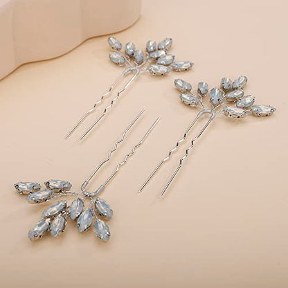 Teyglen 3pcs Bridal Crystal Hair Pins Rhinestones Hair Pieces Simple Crystal Wedding Hair Accessories Handmade Hair Pins for Women Bride Girls (Opal) - color: Opal