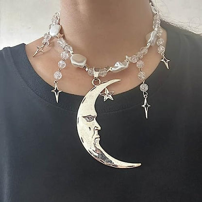 Handmade Crystal Moon Necklace Unique Alloy Star Pendant Clavicle Chain Choker, see picture for size, Metal, No