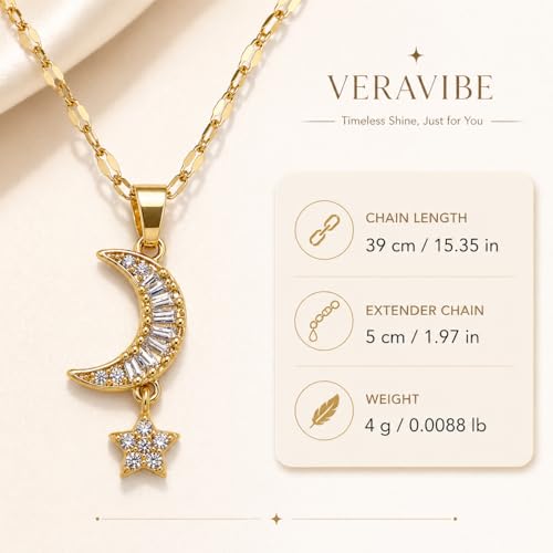 14K Gold Plated Stainless Steel Moon and Star Necklace | Dainty Celestial Crescent Pendant, Cubic Zirconia, Minimalist Boho, For Women, 15.4"+2" Adjustable