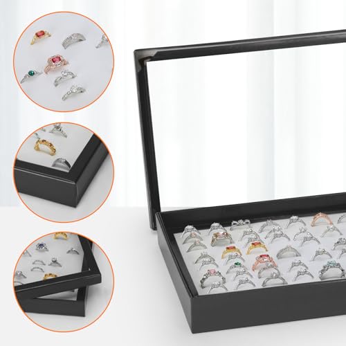 KUKUVR 100 Slots Ring Earring Holder Display Case (Black+White) | Velvet, Clear Lid, Ring Earring Storage Organizer Box Tray, for Women and Selling Show - color: Black+White