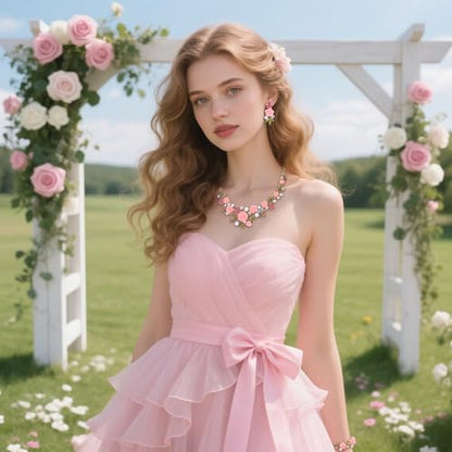 EVER FAITH Costume Jewelry Crystal Simulated Pearl Rose Flower Leaf Prom Party Statement Necklace Earrings Bracelet Set for Women - color: Pink Gold-Tone