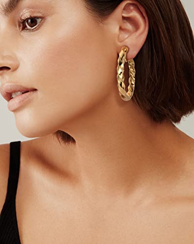 WOWORAMA Chunky Gold Hoop Clip On Earrings for Women | Large Chunky Hoops Clips Earrings, Polished Gold-Plated Clip-On Hoops, Statement Non Pierced Jewelry - color: 40mm Twisted Hoops