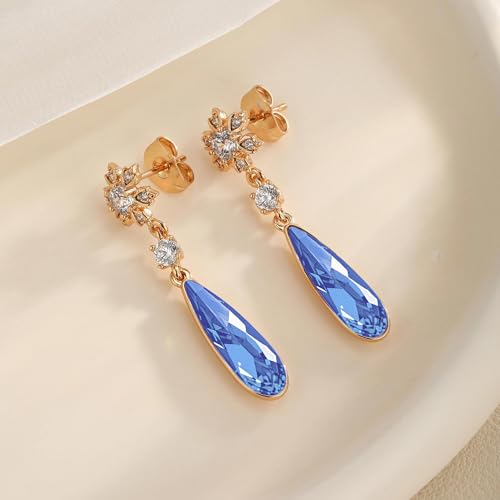 Austrian Crystal Teardrop Earrings Flower Dangle Earrings for Women 14K Gold Plated Drop Stud Earrings Hypoallergenic Jewelry - color: Bermuda Blue