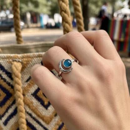 Sun and Moon Ring, Adjustable Natural Stone Rings for Women & Men, Boho Celestial Jewelry for Daily Wear - color: Apatite