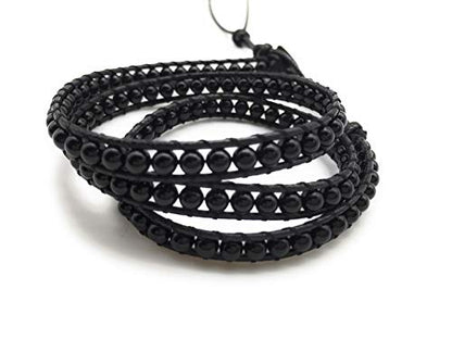 Handmade Alloy Leather Natural Stone Bead Statement Bracelet Bangle Cuff Rope 3 Wrap Adjustable Jewelry Collection - color: Black Agate & Black Leather Cord