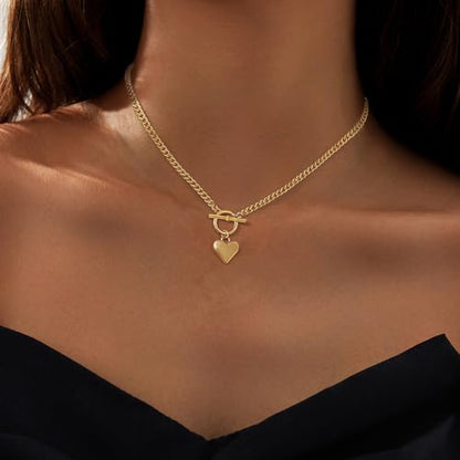 IMBOS 14K Gold Plated Chunky Chain Choker Necklaces for Women Chunky Gold Necklace Tennis Necklace for Women CZ Love Chain Cuban Link Choker Jewelry Gifts - color: Gold-Heart Necklace