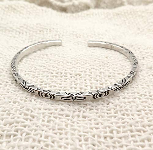 Sterling Silver Boho Floral Cuff Bracelet, Handmade Thin Delicate Squarish Bangle with oxidized flowers engraving, adjustable, Gift for Her