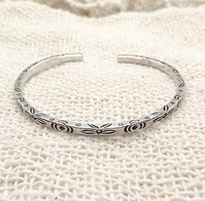 Sterling Silver Boho Floral Cuff Bracelet, Handmade Thin Delicate Squarish Bangle with oxidized flowers engraving, adjustable, Gift for Her