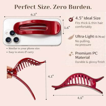 4.5" Lay Down Flat Hair Claw Clips for Driving Yoga Gifts, 4 Pcs | Large French Clips Duckbill Alligator Hair Accessories Side Slide Barrettes for Thin Fine Long/Mediun Thick Hair