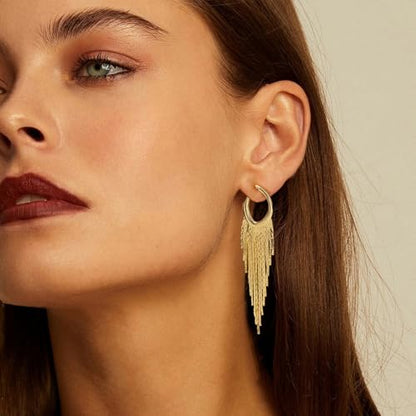 Gold Dangle Earrings for Women, 14K Threader Long Chain Drop Earrings Dangling Dainty Elegant Ear Chain with Tassel and Cubic Zirconia for Wedding Trendy Jewelry Gifts - color: Chunky Gold Tassel
