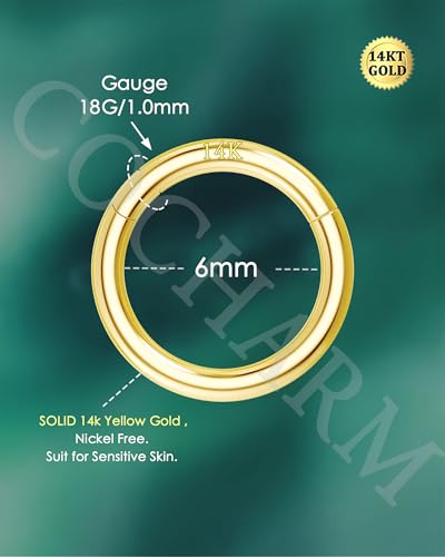 14K Solid Gold Nose Rings, Yellow Gold, 18g/16g/20g | For Women Man, Real Gold, 14Kt, Tiny Seamless Hoop, Nose Piercing, Cartilage Earring, Hypoallergenic - color: HoopA, size: 18g- 6mm
