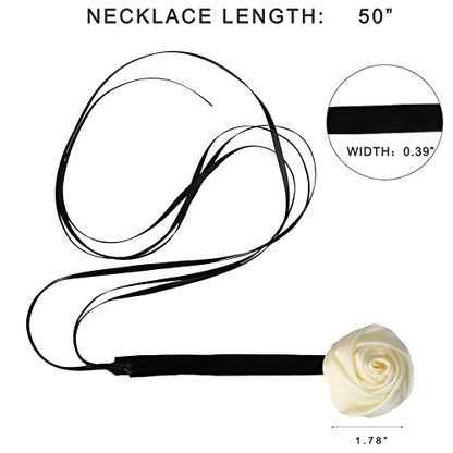 Black Choker Camellia Flower Lace-up Necklace For Women - color: Beige rose