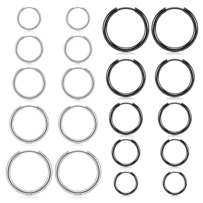 ONESING 10 Pairs Mens Hoop Earrings Stainless Steel Silver/Black Mens Earrings Hoop Hypoallergenic Huggie Hoop Earrings for Men Women Multiple Piercings 8mm/10mm/12mm/14mm/16mm - color: Silver/Black