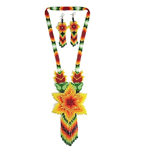 Handmade beaded Native native american style huichol glass seed bead Necklace Collar de cuentas nativas al estilo mexicano de los artesanos regalos para mujeres - color: Mehroon yellow & Green