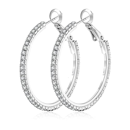 925 Sterling Silver Earrings Large Rhinestone Hoop Earrings Big Cubic Zirconia Hoop Earrings Thin Rhinestones Round Hoop Earrings for Women 20/30/40/50/60/70mm Sparkly Hoops With Crystals for Womens - color: Silver,30mm