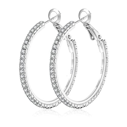 925 Sterling Silver Earrings Large Rhinestone Hoop Earrings Big Cubic Zirconia Hoop Earrings Thin Rhinestones Round Hoop Earrings for Women 20/30/40/50/60/70mm Sparkly Hoops With Crystals for Womens - color: Silver,30mm