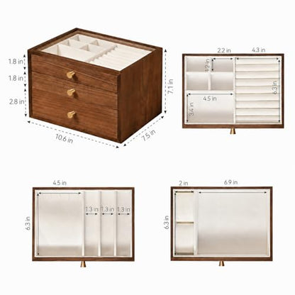 Black Walnut Wooden Jewelry Box for Women, 3 Layer Solid Wood Organizer with Glass Lid and Drawer, Large Storage for Necklace Ring Earrings Watch Bracelet, Birthday Gift for Mom Girls