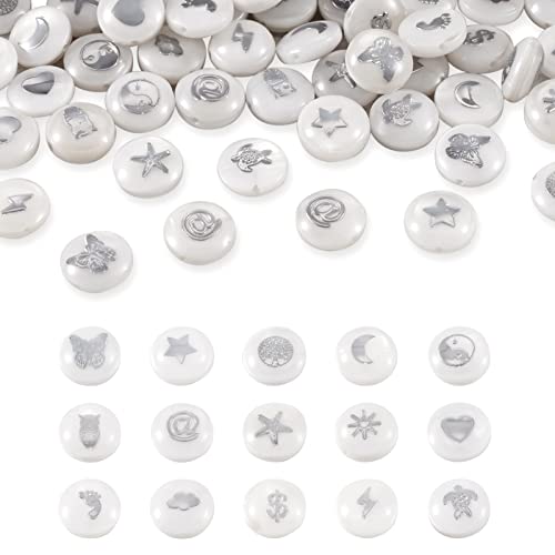 Craftdady 60Pcs Natural Shell Beads 8mm Flat Round with Brass Patterns Freshwater Shell Summer Beads with Turtle Butterfly Heart Owl for Ocean Beach Crafts Jewelry Making - color: Platinum 15 Patterns