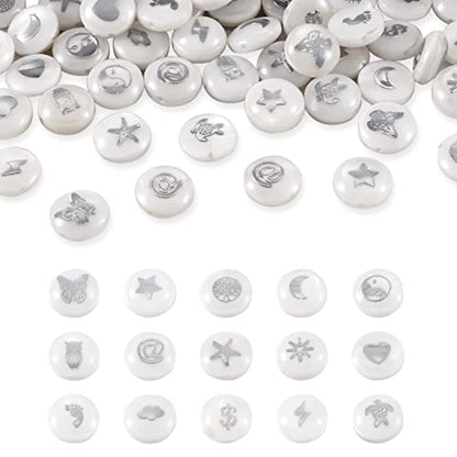 Craftdady 60Pcs Natural Shell Beads 8mm Flat Round with Brass Patterns Freshwater Shell Summer Beads with Turtle Butterfly Heart Owl for Ocean Beach Crafts Jewelry Making - color: Platinum 15 Patterns