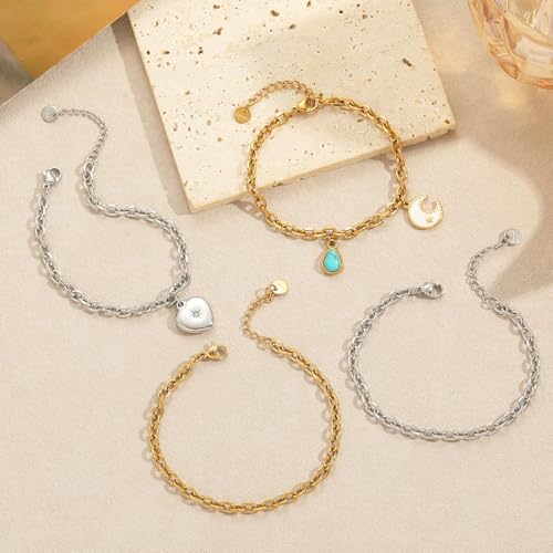 10 PCS Bracelets for Women Stainless Steel Chain Link Bracelet Set | 6.7 Inches with Extender, Jewelry Gifts for DIY, Chains Bulk, Oval, Curb, Figaro Chains, 18K Gold Plated, Silver, Chunky - color: Curb Gold