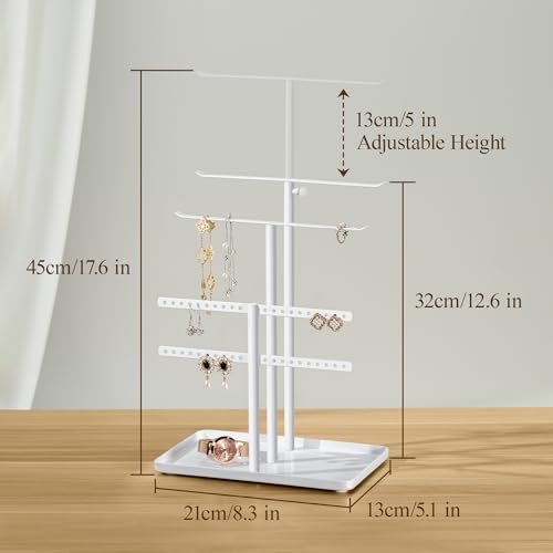 susswiff Jewelry Holder Organizer Stand - Adjustable Jewelry Tree 17.5" Height (Max), Jewlery Hanger for Necklaces, Bracelets, Earrings, Stainless, White - color: White