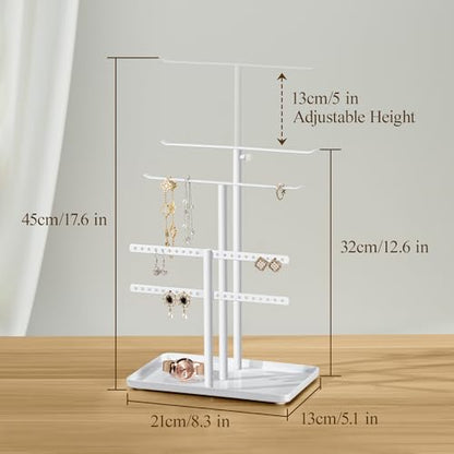 susswiff Jewelry Holder Organizer Stand - Adjustable Jewelry Tree 17.5" Height (Max), Jewlery Hanger for Necklaces, Bracelets, Earrings, Stainless, White - color: White