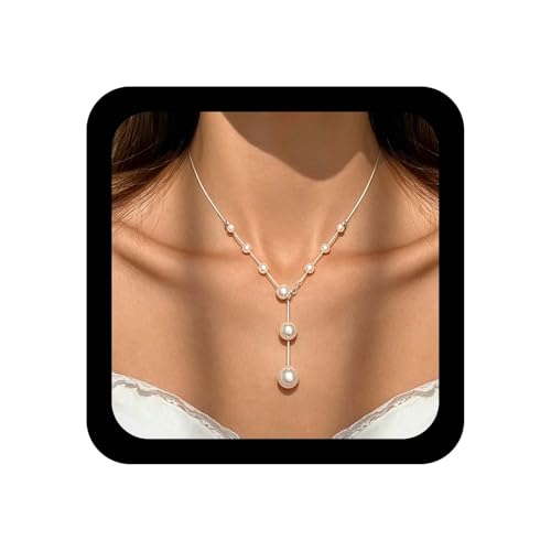 Vintage Long Pearl Y Necklace White Pearl Choker Necklace Pearl Tassel Drop Necklace Silver Round Snake Chain Necklace Dainty Pearls Y Lariat Minimalist Pearls Necklaces Jewelry for Women