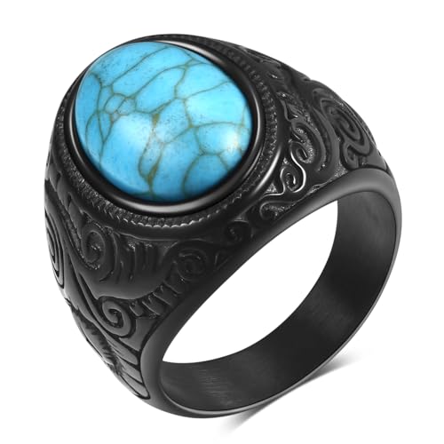 Retro Large Tiger Eye Stone Turquoise Wedding Ring For Men Classical Gothic Stainless Steel Rings - color: Black-Turquoise2