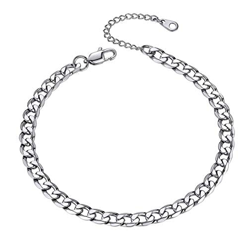 Adjustbale Link Chain Anklet for Women Summer Jewelry, 316L Stainless Steel Figaro/Wheat/Twist Rope/Cuban Foot Bracelet-Waterproof, Resizable 9"-12" (Gift Box Included) - color: 2, Cuban - Stainless Steel