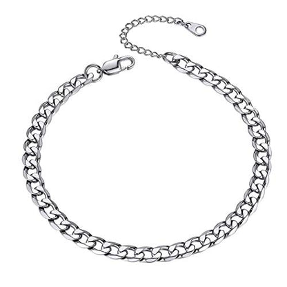 Adjustbale Link Chain Anklet for Women Summer Jewelry, 316L Stainless Steel Figaro/Wheat/Twist Rope/Cuban Foot Bracelet-Waterproof, Resizable 9"-12" (Gift Box Included) - color: 2, Cuban - Stainless Steel