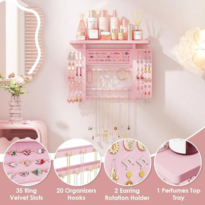 Emfogo Jewelry Organizer Hanging Wall Mounted Jewelry Holder, 5-in-1 Large Capacity Wood Necklace Organizer Wall Display for Ring, Necklaces, Bracelets, Earrings (Pink) - color: Pink