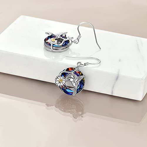 POPLYKE Dragonfly Butterfly Hummingbird Sunflower Earrings 925 Sterling Silver Abalone Shell Moonstone Leverback Earrings Jewelry - style: Hummingbird Crystal