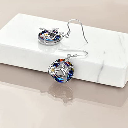POPLYKE Dragonfly Butterfly Hummingbird Sunflower Earrings 925 Sterling Silver Abalone Shell Moonstone Leverback Earrings Jewelry - style: Hummingbird Crystal