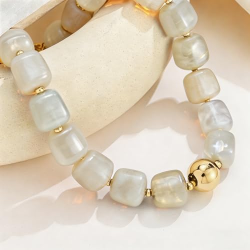 Colorful Statement Chunky Beaded Necklace for Women Large Square Resin Beads Y2K Trendy Bold Summer Vacation Boho Choker Jewelry - color: White