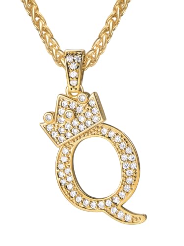 U7 Crown Initial Necklace Men Women, Bling Diamond A-Z 0-9 Letter Pendant with Wheat Chain, Silver/Black/Gold Plated CZ Alphabet Number Hip Hop Jersery for Father Husband - color: a. Gold, size: 17. Q
