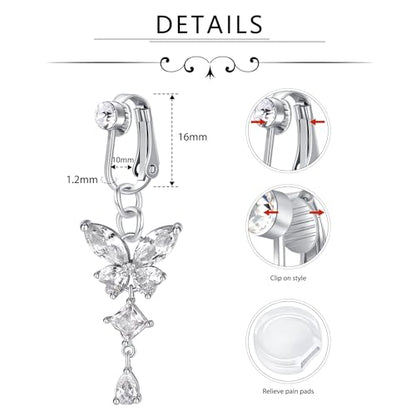 D.Bella Fake Belly Ring Fake Belly Piercing Clip on Belly Button Rings Surgical Steel Fake Belly Button Ring Fake Earrings Diamond Snake Dangle Non Piercing Fake Belly Piercing Jewelry - style: Style K