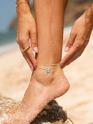 Suplight Gold Plated Butterfly Anklets for Women Waterproof, Layered Boho Ankle Bracelet with Birthstone, Stainless Steel Adjustable Non-Tarnish Heart Foot Jewelry Beach Vacation - color: 03. Butterfly-Mar. Aquamarine