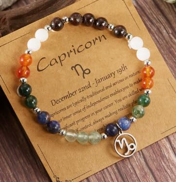 XAM 12 Zodiac Stone Beaded Bracelet - Natural Gemstone & Stainless Steel Charm Constellation Jewelry - color: D