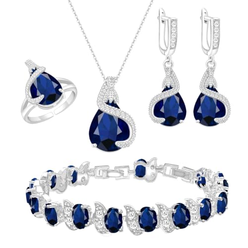 Jewelry Set for Women Teardrop Earrings Necklace Ring Bracelet Set Party Wedding Jewelry Gift for Mother Wife Friend - color: Blue