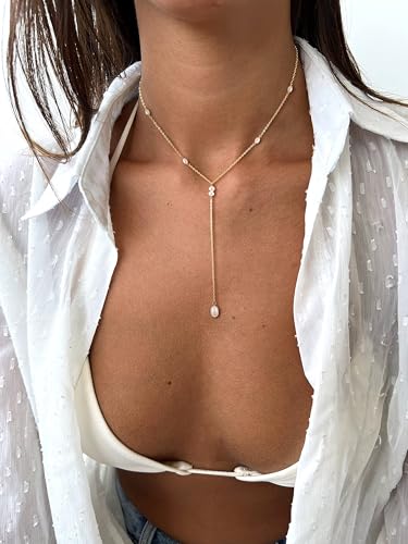 Lariat Gold Necklace for Women, Dainty Long Necklace 14k Gold Plated/Silver Y-Shaped Pendant Necklace Trendy Layered Cz Beaded Chain Drop Necklaces Simple Gold Jewelry for Women Gift - style: LC-1NK-22084-GDW