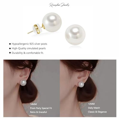 Trendy Big Simulated Pearl Earrings for Women, 925 Sterling Silver Post 14/12MM Oversized Large Pearl Studs Bride Bridesmaid Prom Wedding Earrings Jewelry Gifts - color: White, size: 14MM