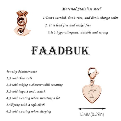 FAADBUK Initial Letter A-Z Alphabet Heart Charms for Jewelry Bracelet Keychain Necklace Initial Stainless steel Clasp Clip on Charm - color: intial T RG