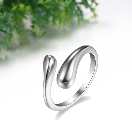 Cupimatch Modern Teardrop Adjustable Ring - Women Polished Stainless Steel Open Cuff Ring, Minimalist Wedding Anniversary Gift（Size:7