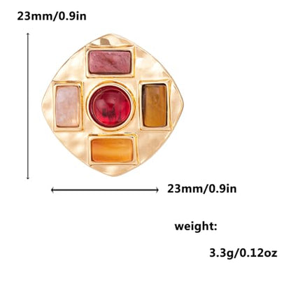 Geometric Large Stud Statement Earrings, Gold Tone Square Stud with Multi-Color Gemstone Design, Fashion Jewelry for Women - color: Red
