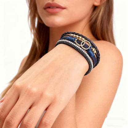 Leather Wrap Bracelets for Women, Boho Leopard Multi-Layer Crystal Beads Cuff Jewelry - color: J-Warp-013