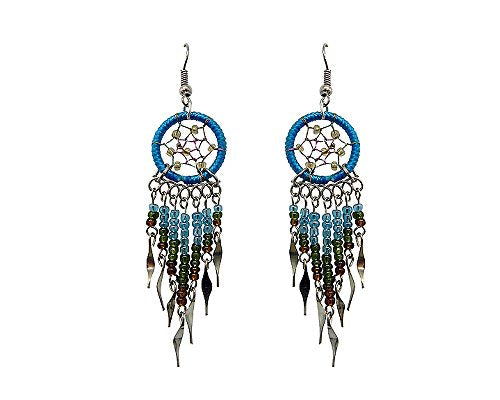 Beaded Dreamcatcher Earrings for Women, Long Boho Fringe Dangle Earrings, Lightweight Colorful Statement Jewelry, Handmade - color: Turquoise & Brown