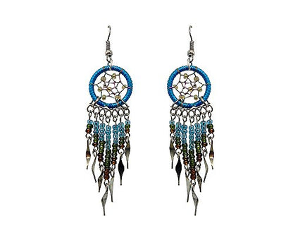 Beaded Dreamcatcher Earrings for Women, Long Boho Fringe Dangle Earrings, Lightweight Colorful Statement Jewelry, Handmade - color: Turquoise & Brown